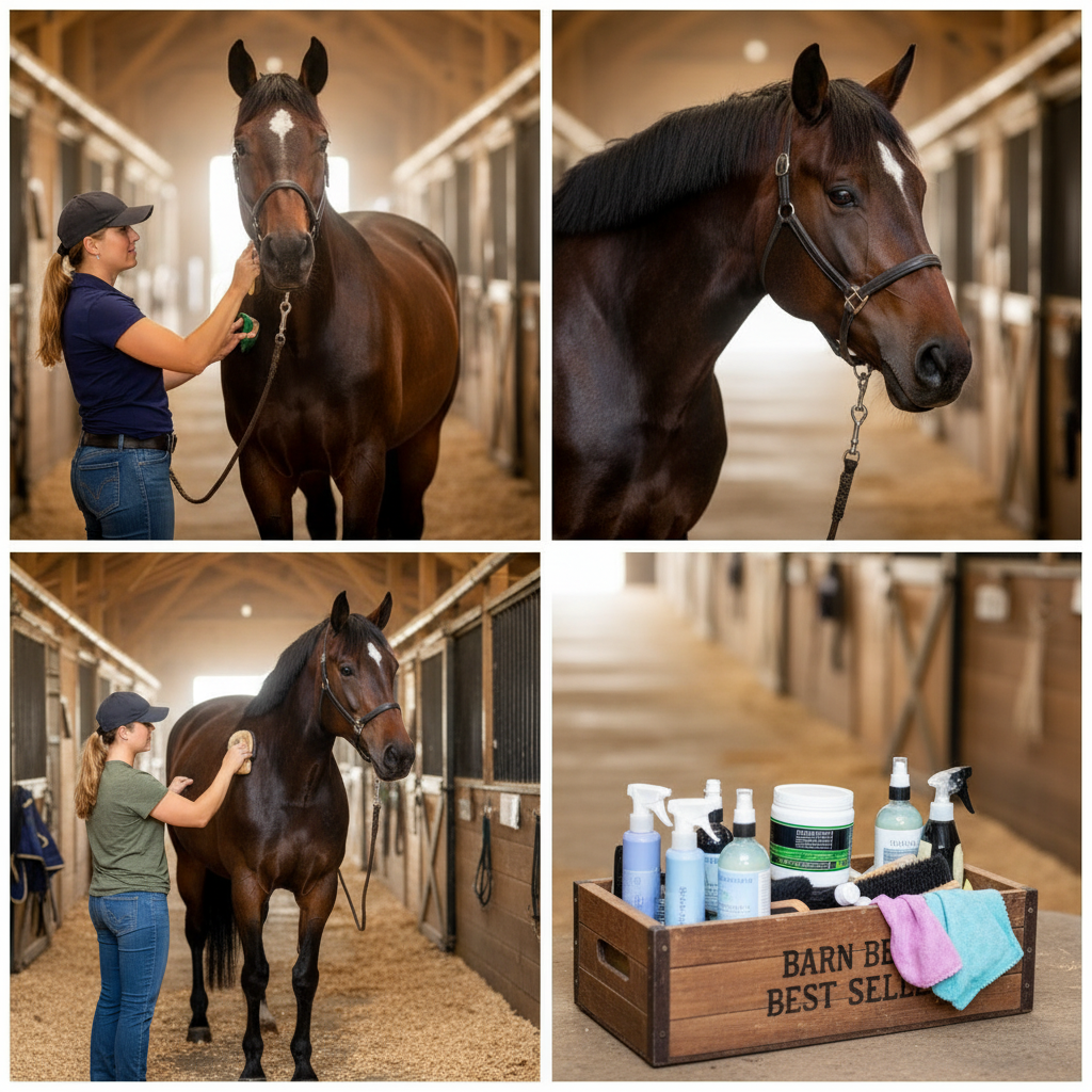 Horse grooming with premium care products in barn - HORSEVY best-selling equine essentials and grooming supplies