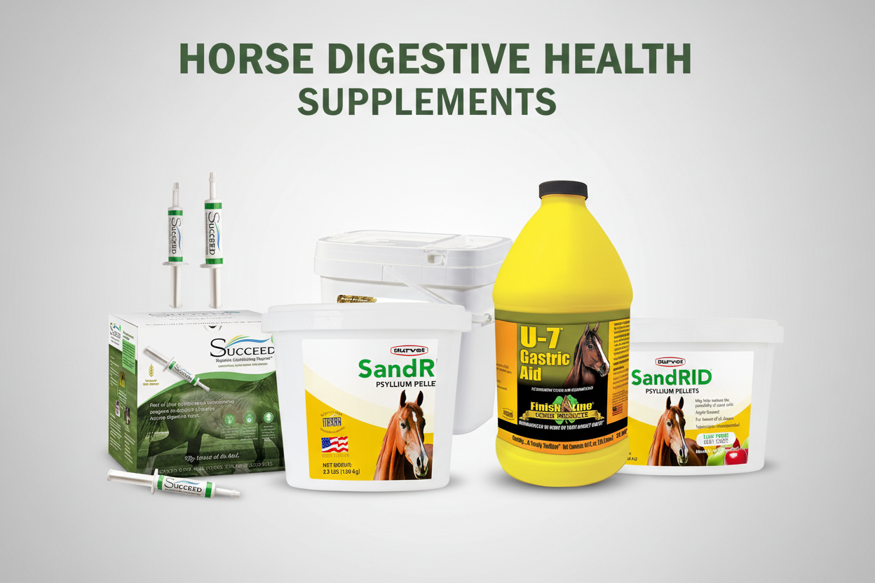 HORSEVY digestive health supplements including U-Gard, SayWhoa, Succeed, U-7 Gastric Aid, and SandRid for horses