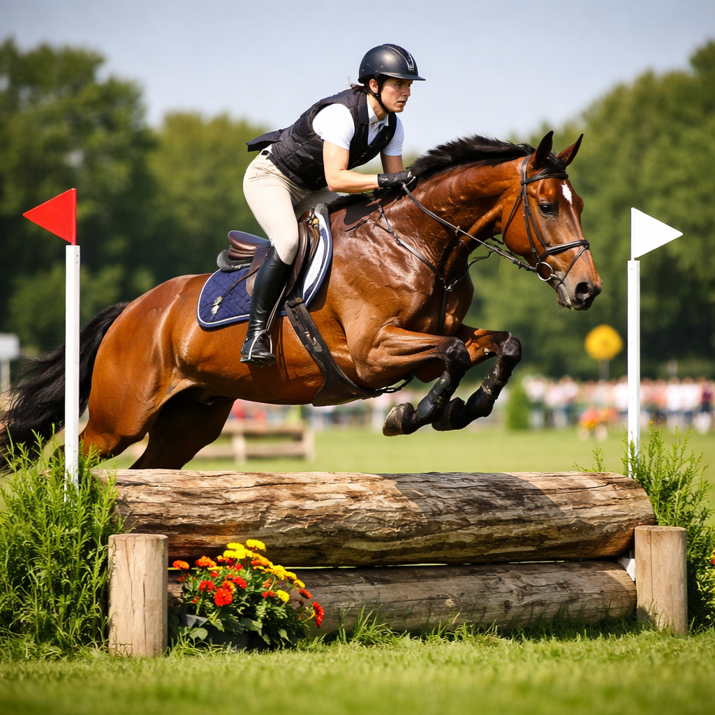 Eventing horse and rider jumping cross country obstacle during competition