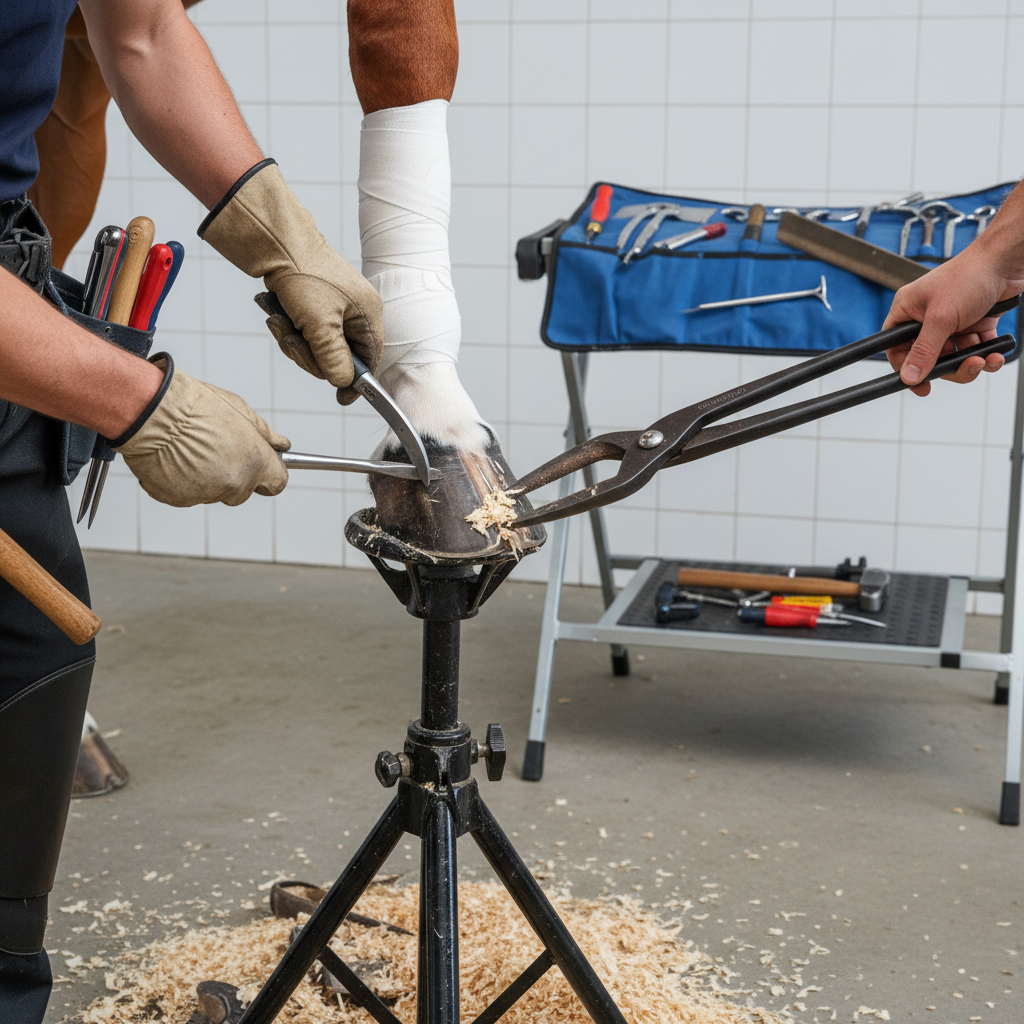 Farrier working on horse hoof